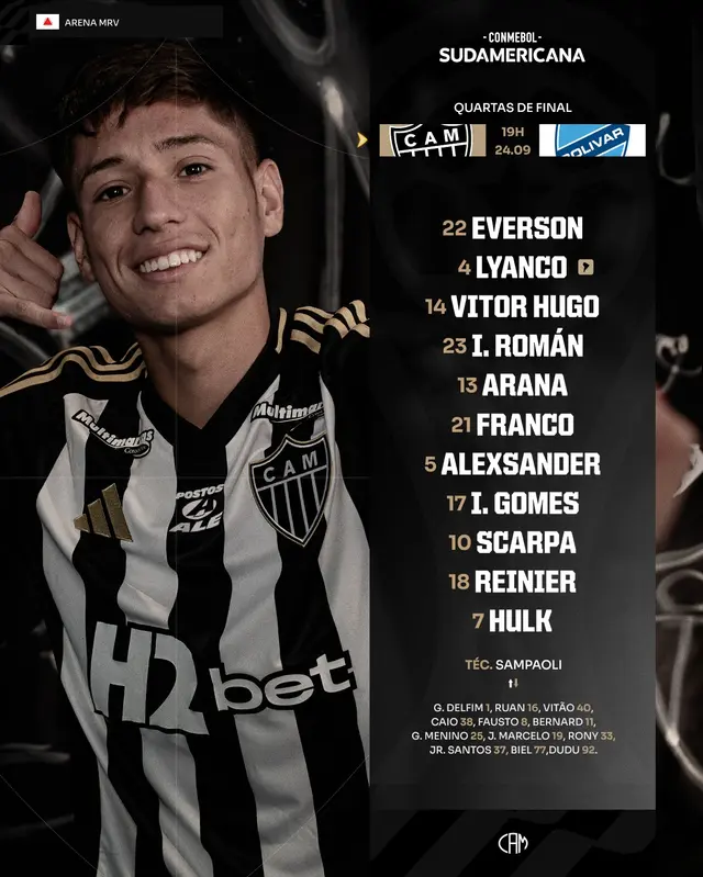 Alineación de Atlético Mineiro vs. Bolívar. Alineación de Atlético Mineiro vs. Bolívar.