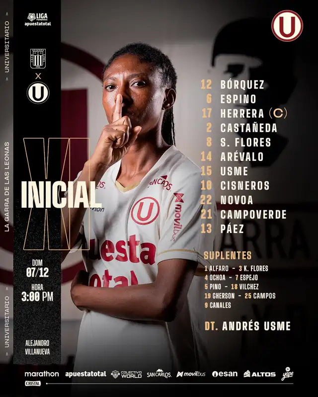 Alineación de Universitario femenino vs. Alianza Lima femenino. Alineación de Universitario femenino vs. Alianza Lima femenino.