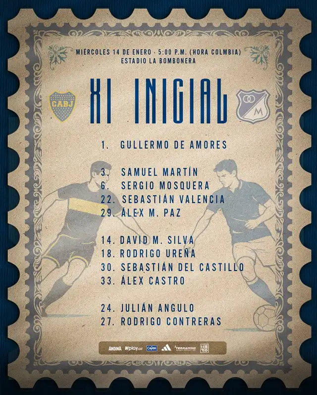 Alineación de Millonarios vs. Boca Juniors.   