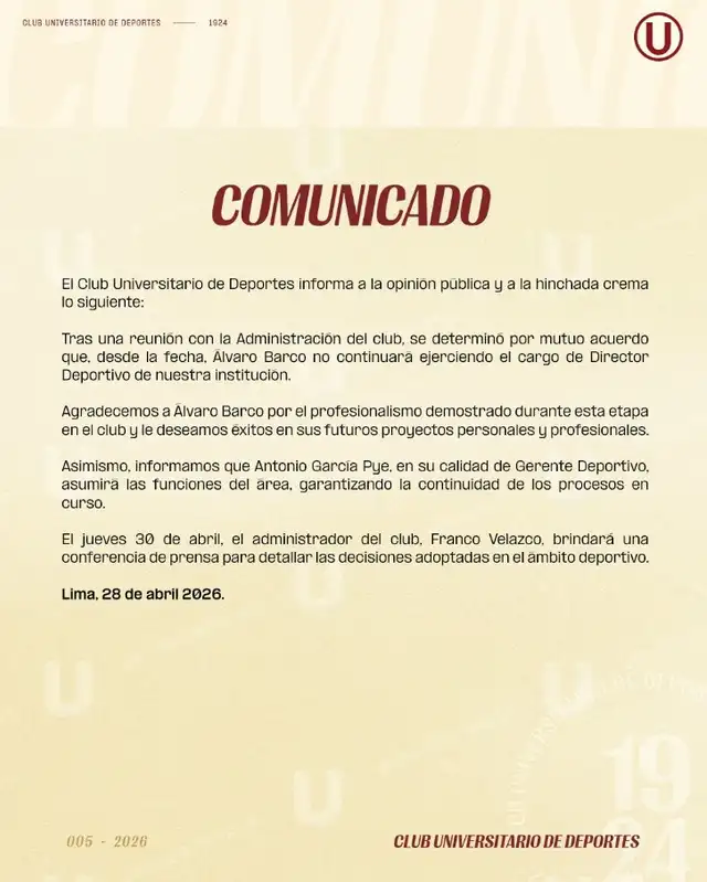 Comunicado oficial sobre la salida de Álvaro Barco.