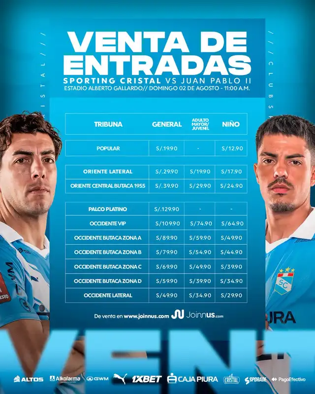 Entradas para Sporting Cristal vs Juan Pablo II