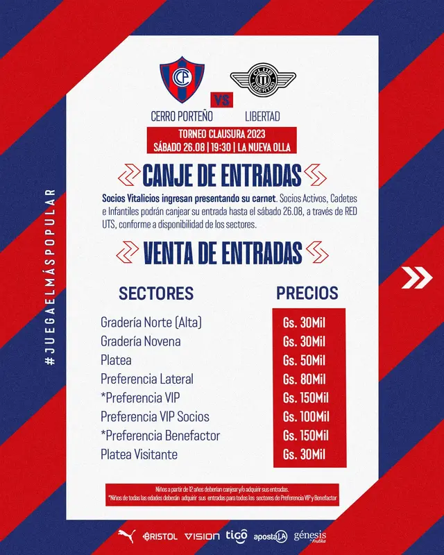 Precio entradas del partido Cerro Porteño vs. Libertad