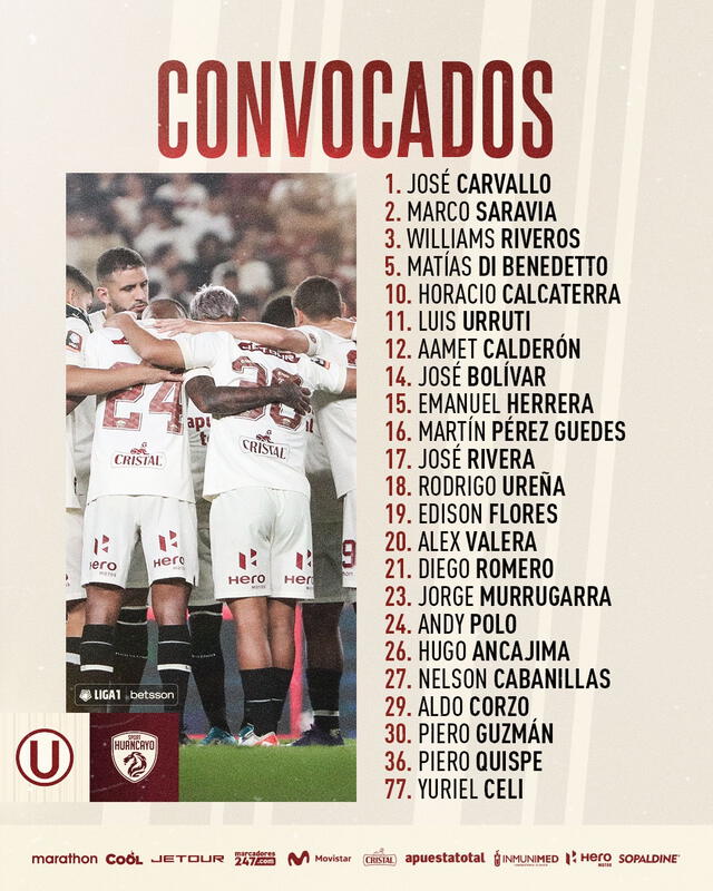 Lista de convocados de Universitario para medirse a Sport Huancayo. Foto: Universitario de Deportes   