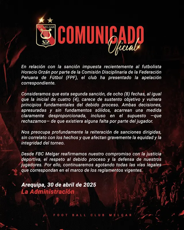 El comunicado de Melgar en redes sociales    