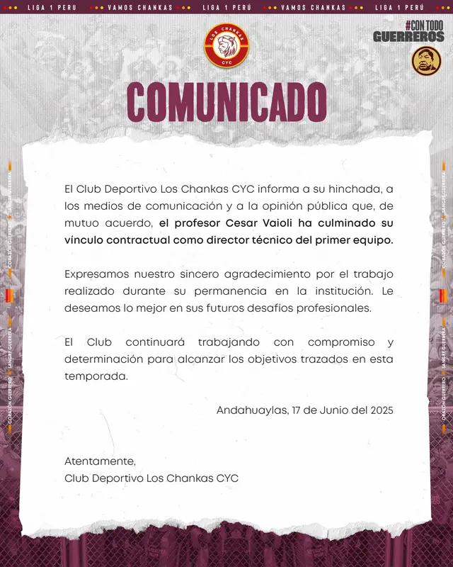 La publicación de Los Chankas en redes sociales  