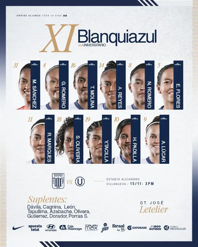 Alineación de Alianza Lima femenino vs. Universitario femenino.   