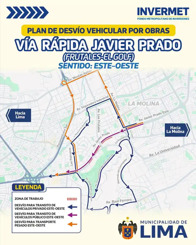 Desvíos por vía rápida Javier Prado de este a oeste / FOTO: Municipalidad de Lima   