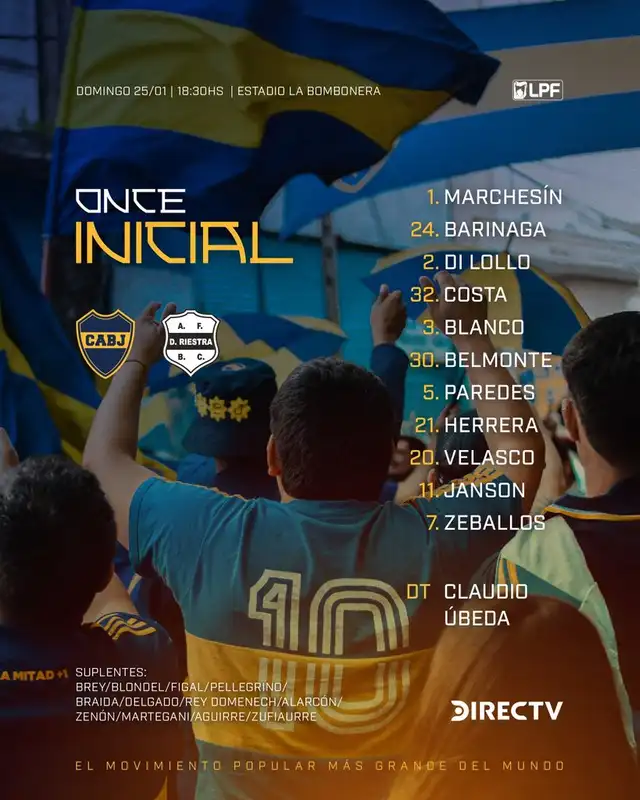 Formación de Boca Juniors vs Deportivo Riestra.   