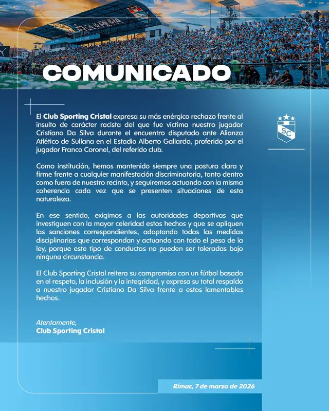 Comunicado de Sporting Cristal. Foto: X 