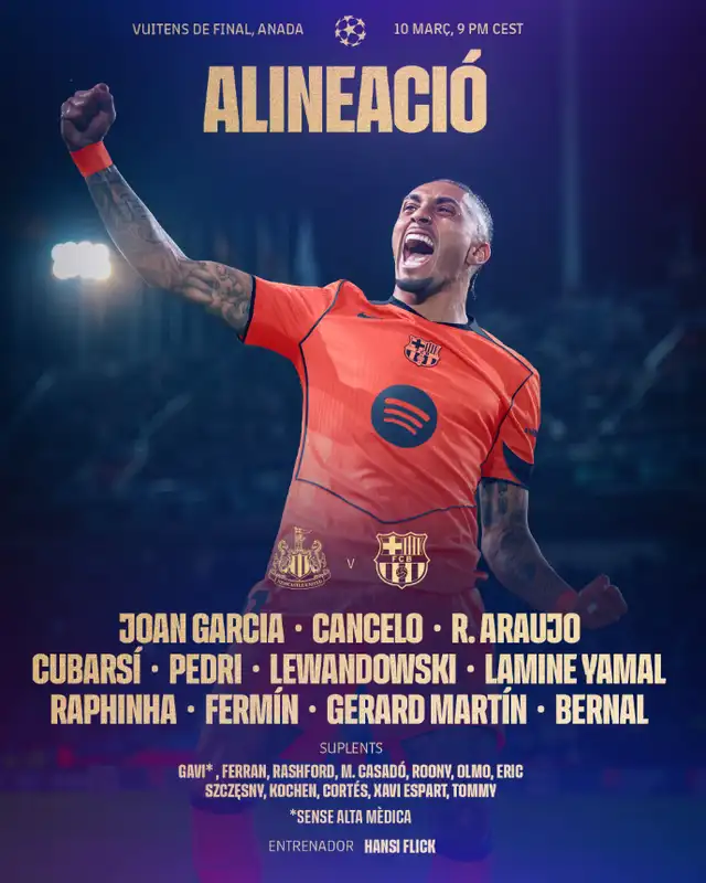Alineación de Barcelona vs. Newcastle  