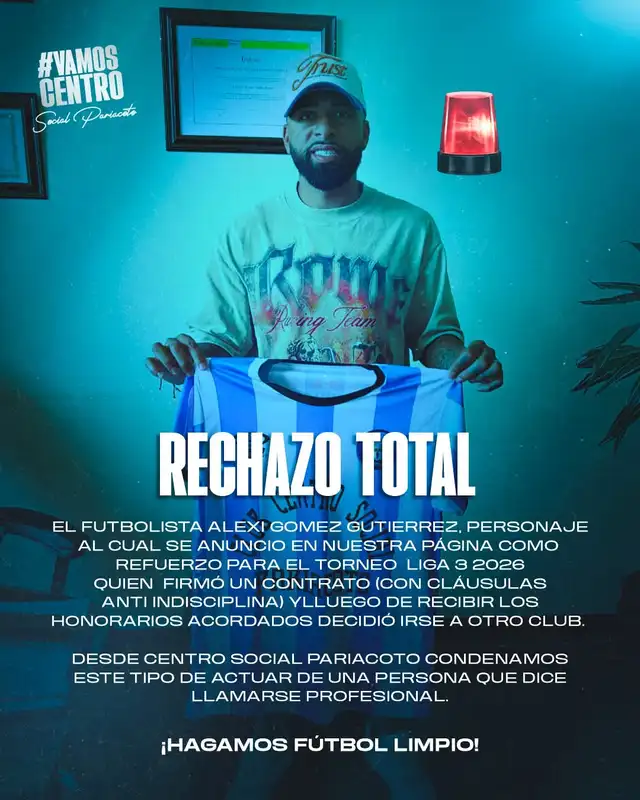 Centro Social Pariacoto acusó a Alexi Gómez por incumplimiento de contrato al firmar por otro club en la misma temporada 2026