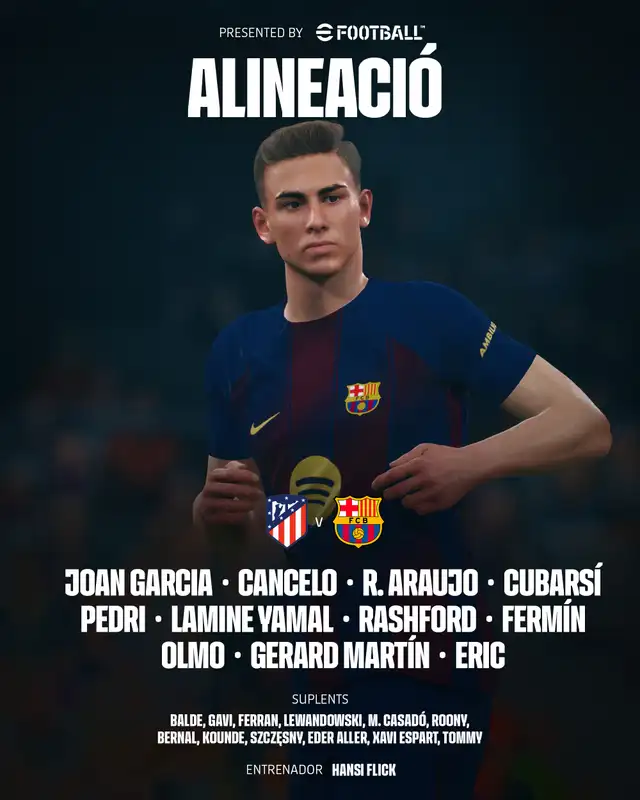 Alineación oficial de Barcelona ante Atlético. Foto: Barcelona/X Alineación oficial de Barcelona ante Atlético. Foto: Barcelona/X