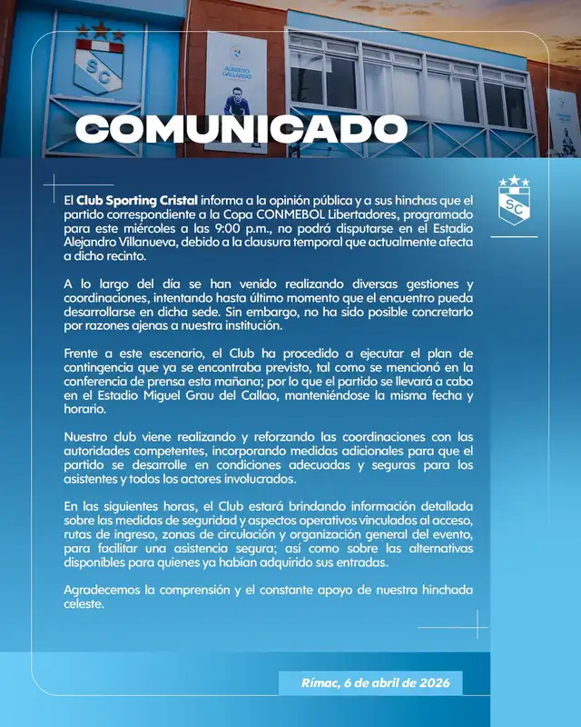 Comunicado oficial del cuadro celeste.