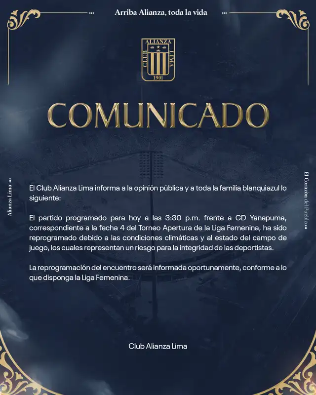 Alianza Lima comunicó que su partido ante CD Yanapuma por la Liga Femenina quedó suspendido
