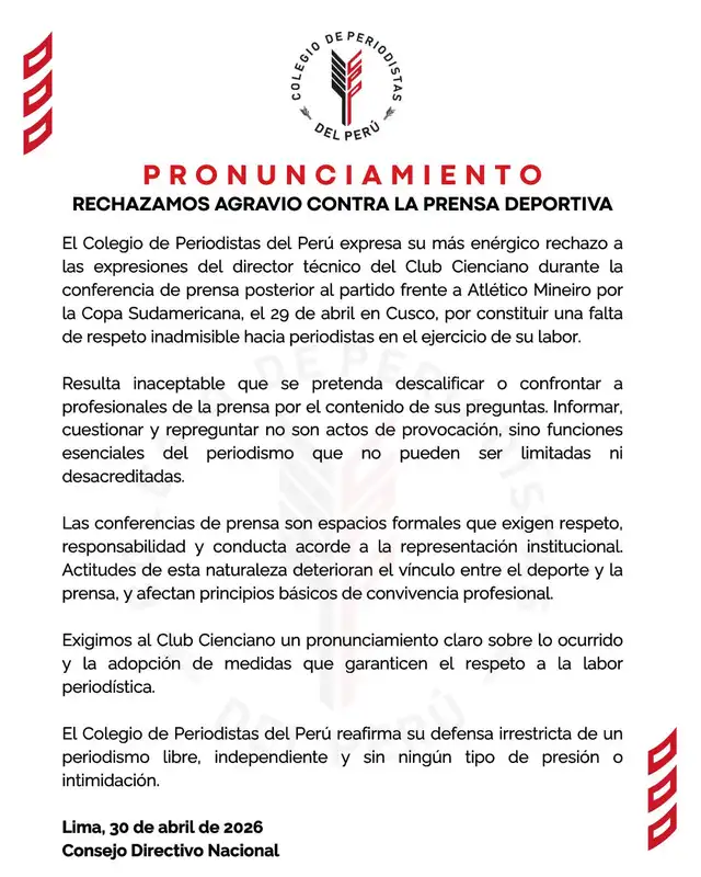 Colegio de Periodistas se pronunció tras las declaraciones de DT de Cienciano