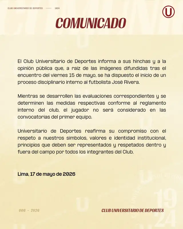 Universitario comunicó la salida temporada de José Rivera tras tirar y patear la camiseta crema Universitario comunicó la salida temporada de José Rivera tras tirar y patear la camiseta crema