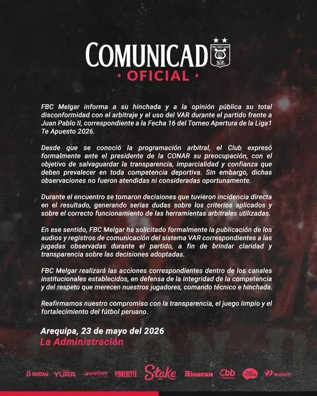 Comunicado oficial de FBC Melgar.