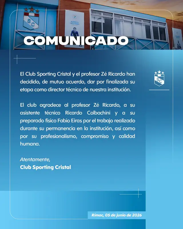Sporting Cristal confirmó salida de Zé Ricardo