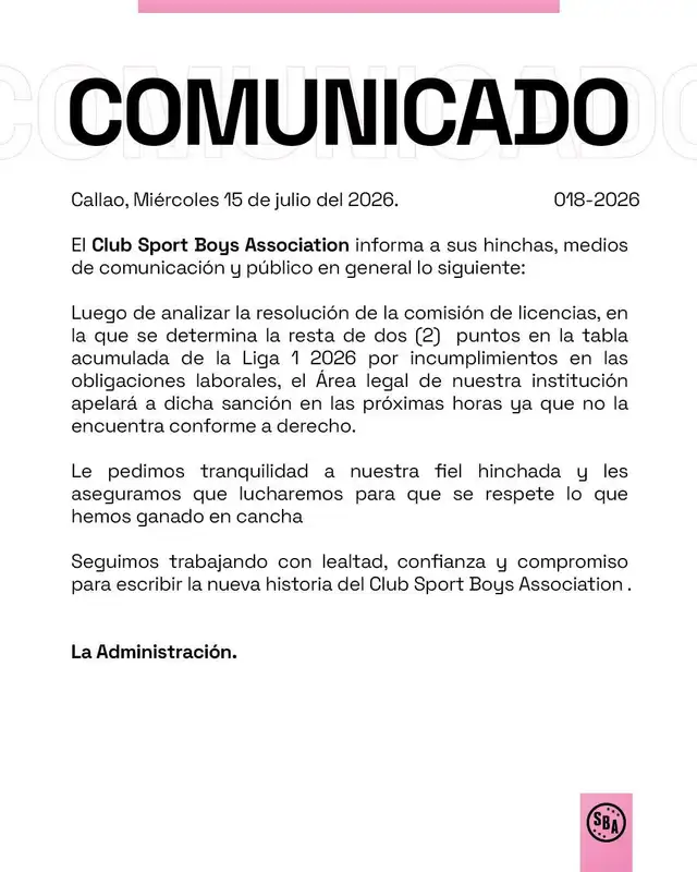 Sport Boys, apelación, liga 1, torneo clausura 2026 Sport Boys, apelación, liga 1, torneo clausura 2026