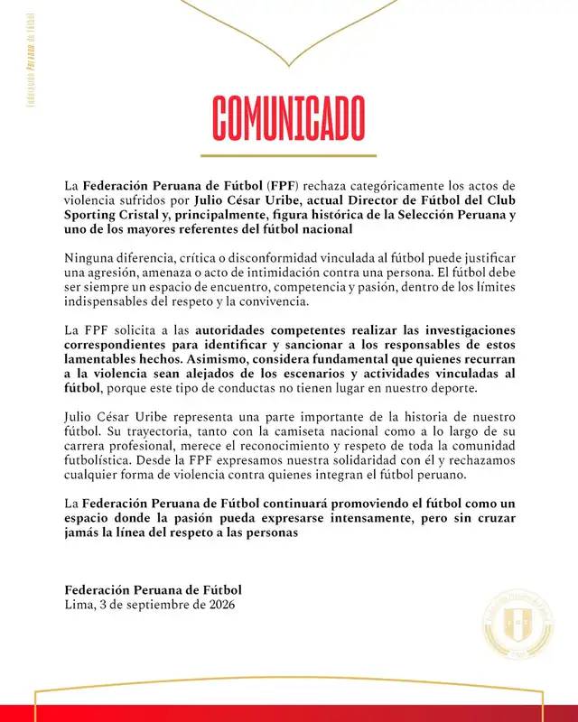 El comunicado de la FPF sobre la agresión a Julio César Uribe por supuesto hincha de Sporting Cristal El comunicado de la FPF sobre la agresión a Julio César Uribe por supuesto hincha de Sporting Cristal