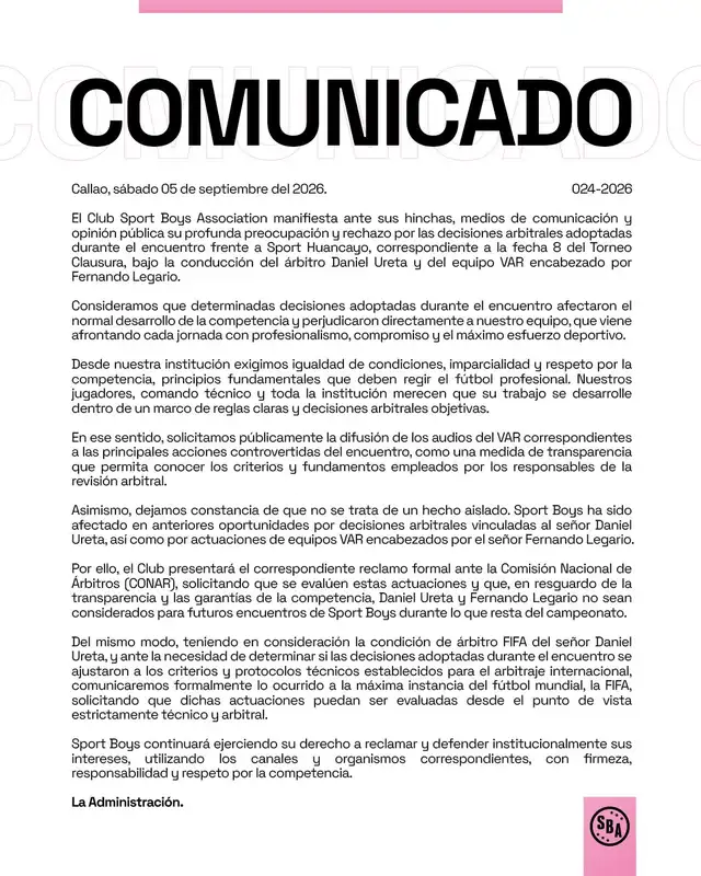 El comunicado de Sport Boys en contra del árbitro que dirigió partido contra Sport Huancayo
