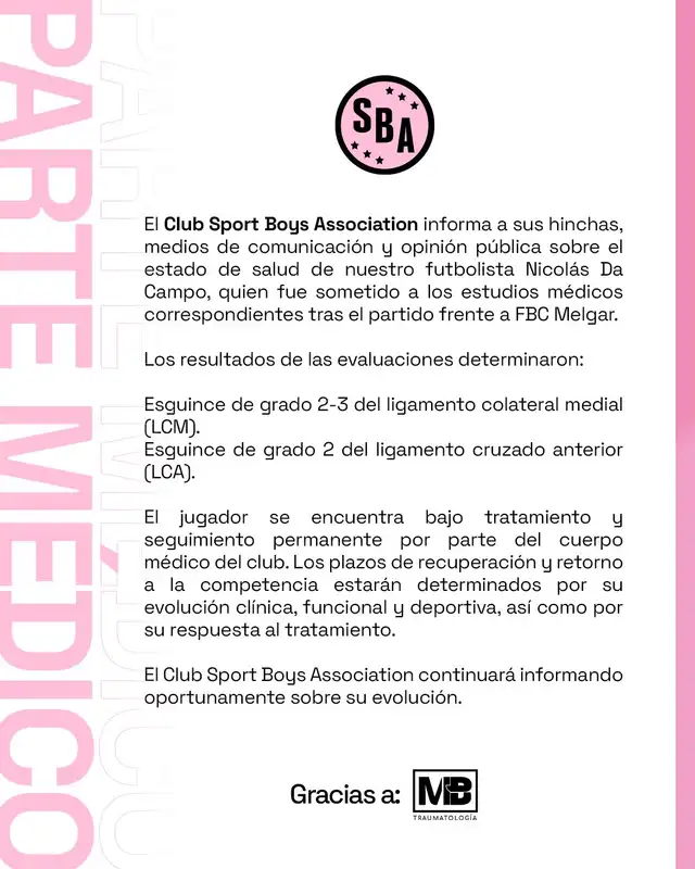 Sport Boys informó la lesión de Nicolás Da Campo Sport Boys informó la lesión de Nicolás Da Campo