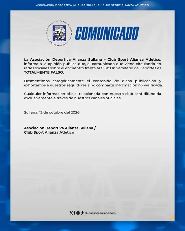 Alianza Atlético desmintió que el partido ante Universitario se juegue en el Estadio Campeones del 36 tras comunicado falso