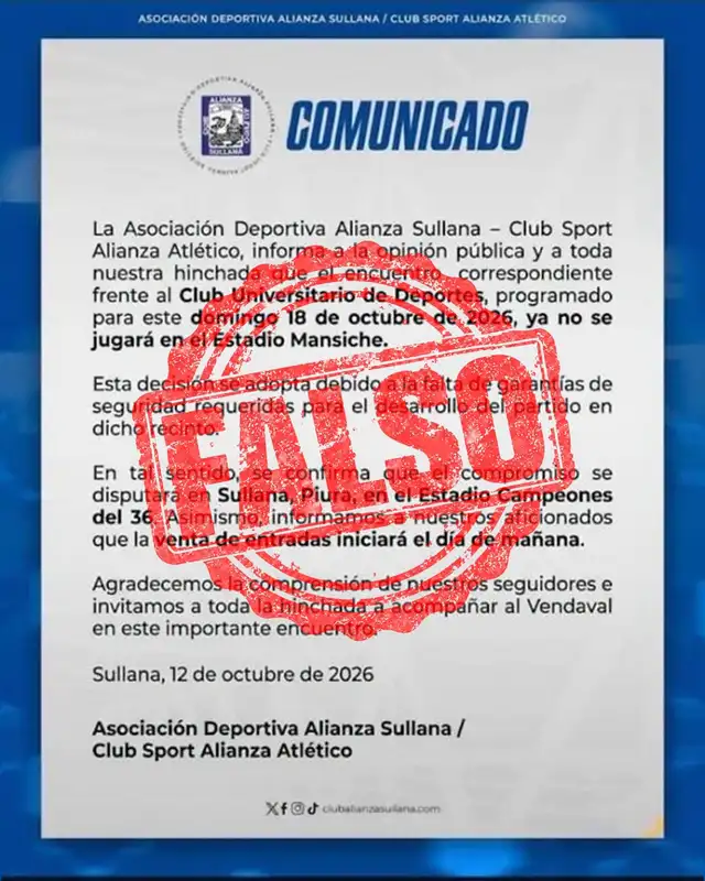 Alianza Atlético avisó que existe un comunicado falso sobre el partido ante Universitario