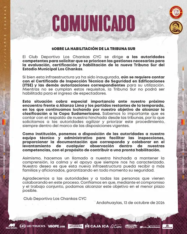 Los Chankas lanzó comunicado de cara al partido contra Alianza Lima