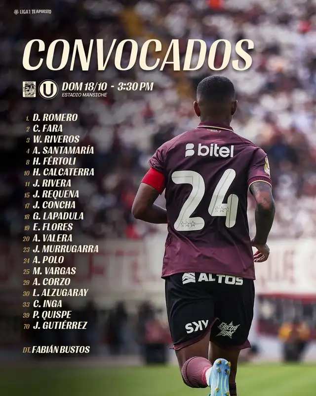 La lista de convocados de Universitario para enfrentar a Alianza Atlético