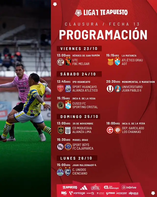Programación de la fecha 13 de la Liga 1 2026