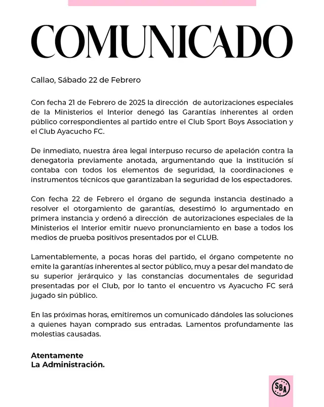Comunicado de Sport Boys sobre el partido ante Ayacucho FC   