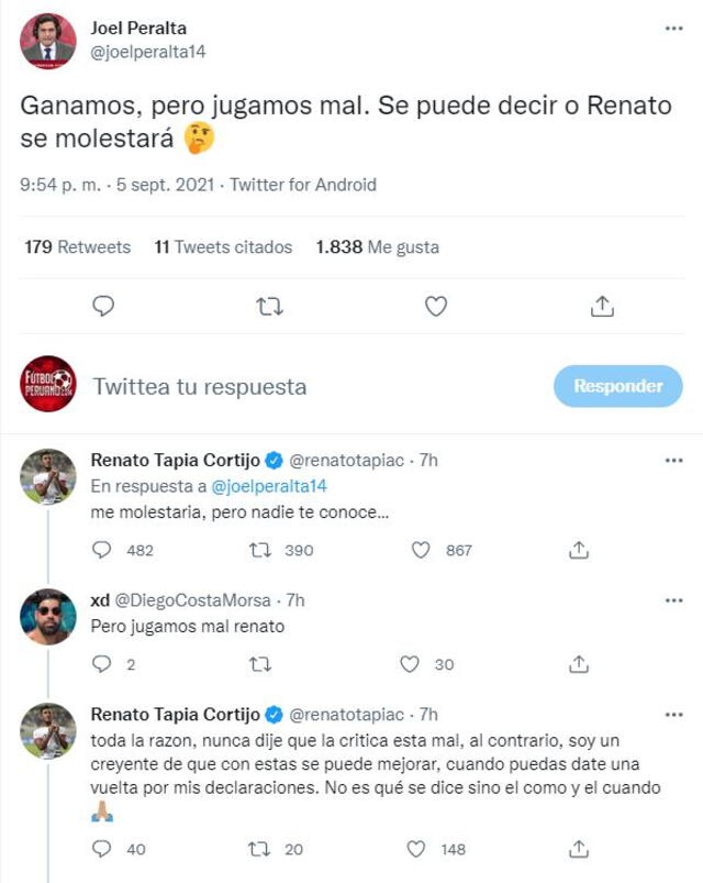 Respuesta de Renato Tapia a tweet de periodista.   