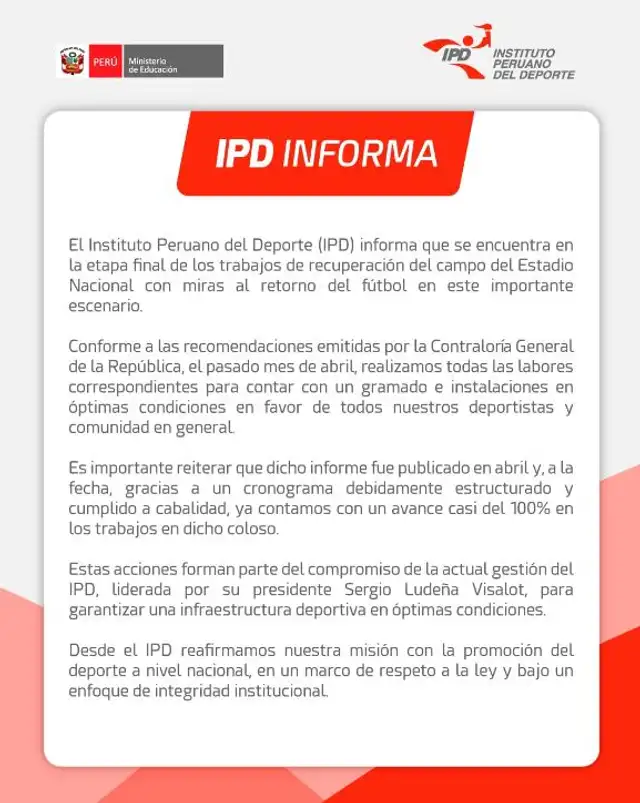 Comunicado del Instituto Peruano del Deporte.