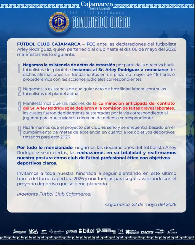 Comunicado de FC Cajamarca sobre declaraciones de Arley Rodríguez.  