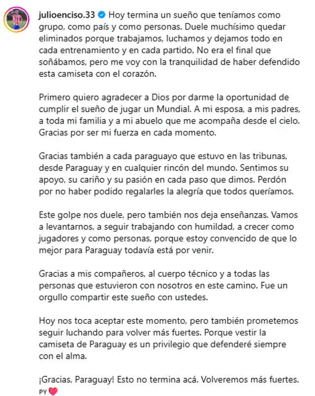 Mensaje de Julio Enciso tras eliminación de Paraguay