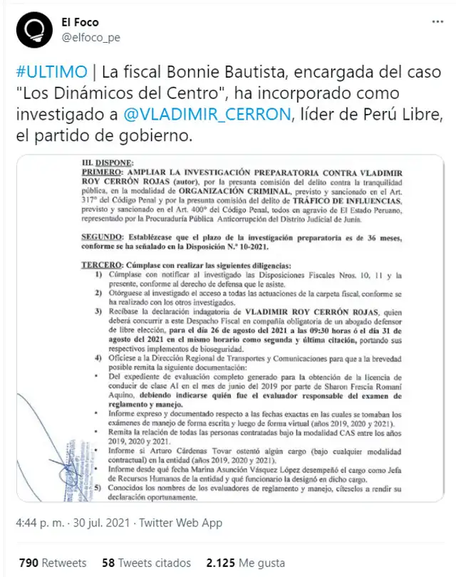 Fiscalía investiga a Vladimir Cerrón por los delitos de tráfico de influencias y lavado de activos. Fiscalía investiga a Vladimir Cerrón por los delitos de tráfico de influencias y lavado de activos.