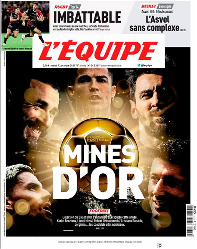 L'Equipe de Francia pone a Benzema entre los 5 favoritos a Balón de Oro 2021. L'Equipe de Francia pone a Benzema entre los 5 favoritos a Balón de Oro 2021.