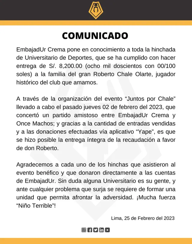 Embajadur Crema donó 8 mil 200 soles a la familia de Roberto Chale.