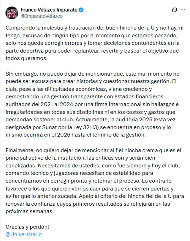 Franco Velazco habló sobre el presente de Universitario