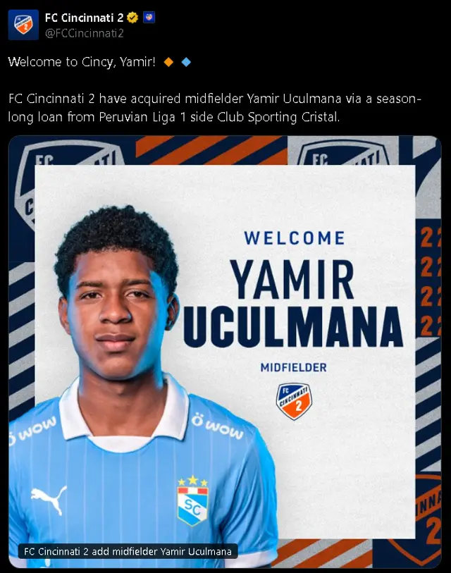 La publicación de FC Cincinnati 2 sobre Yamir Uculmana    