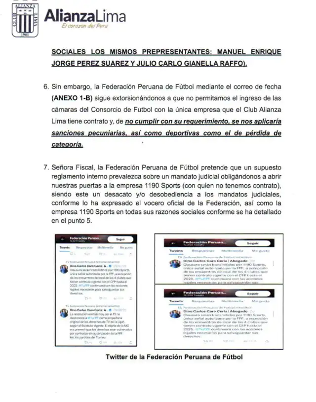 Alianza Lima envió comunicado a Junta de Fiscales Supremos.