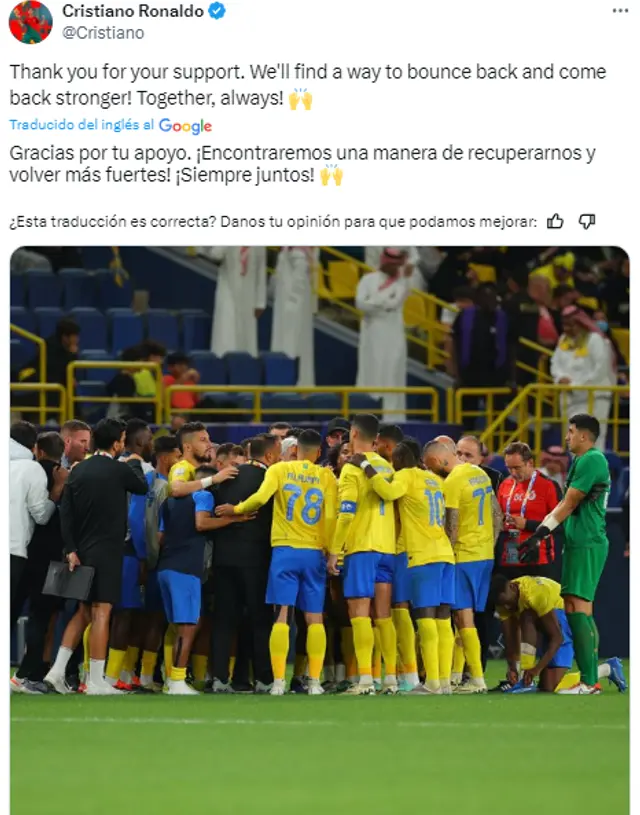 Publicación de Cristiano Ronaldo tras quedar eliminado en Champions asiática.   