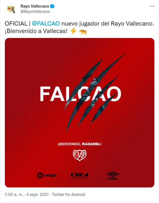 Rayo Vallecano anunció a Falcao como su nuevo delantero. Rayo Vallecano anunció a Falcao como su nuevo delantero.