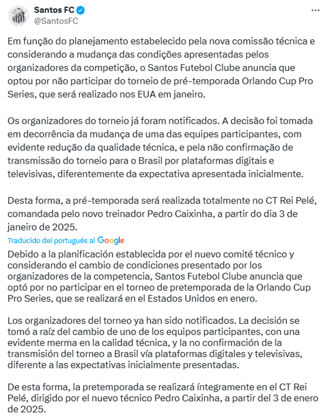 Comunicado del Santos de Brasil. Comunicado del Santos de Brasil.