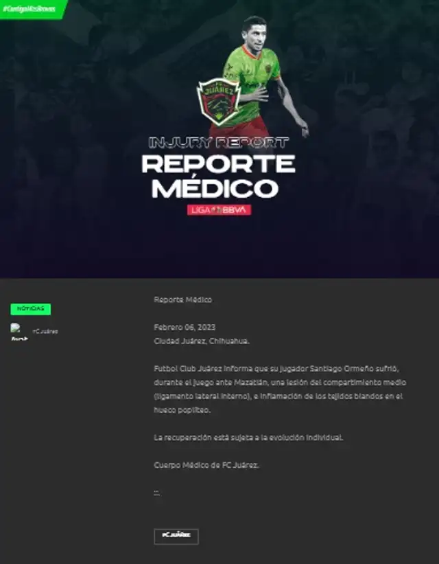 Parte médico de FC Juárez sobre Santiago Ormeño.