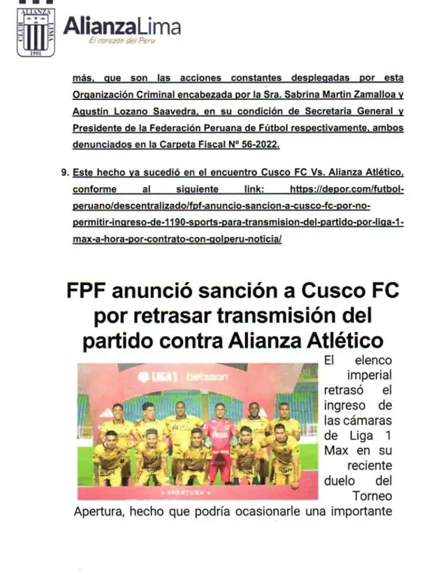 Alianza Lima envió comunicado a Junta de Fiscales Supremos