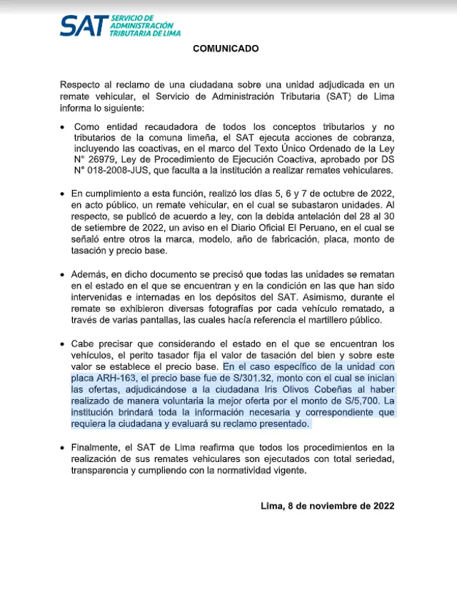 Comunicado SAT   