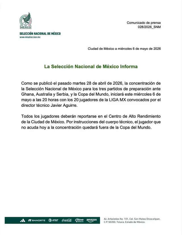 Comunicado oficial de la selección mexicana.
