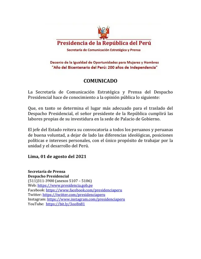 comunicado Presidencia de la República